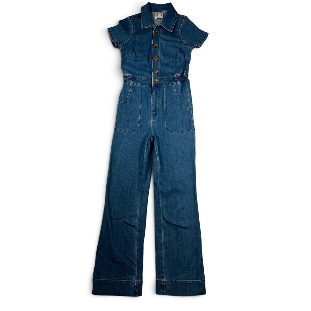 Show Me Your Mumu Denim Short Sleeve Belted Flare Leg Jumpsuit‎ SZ SML